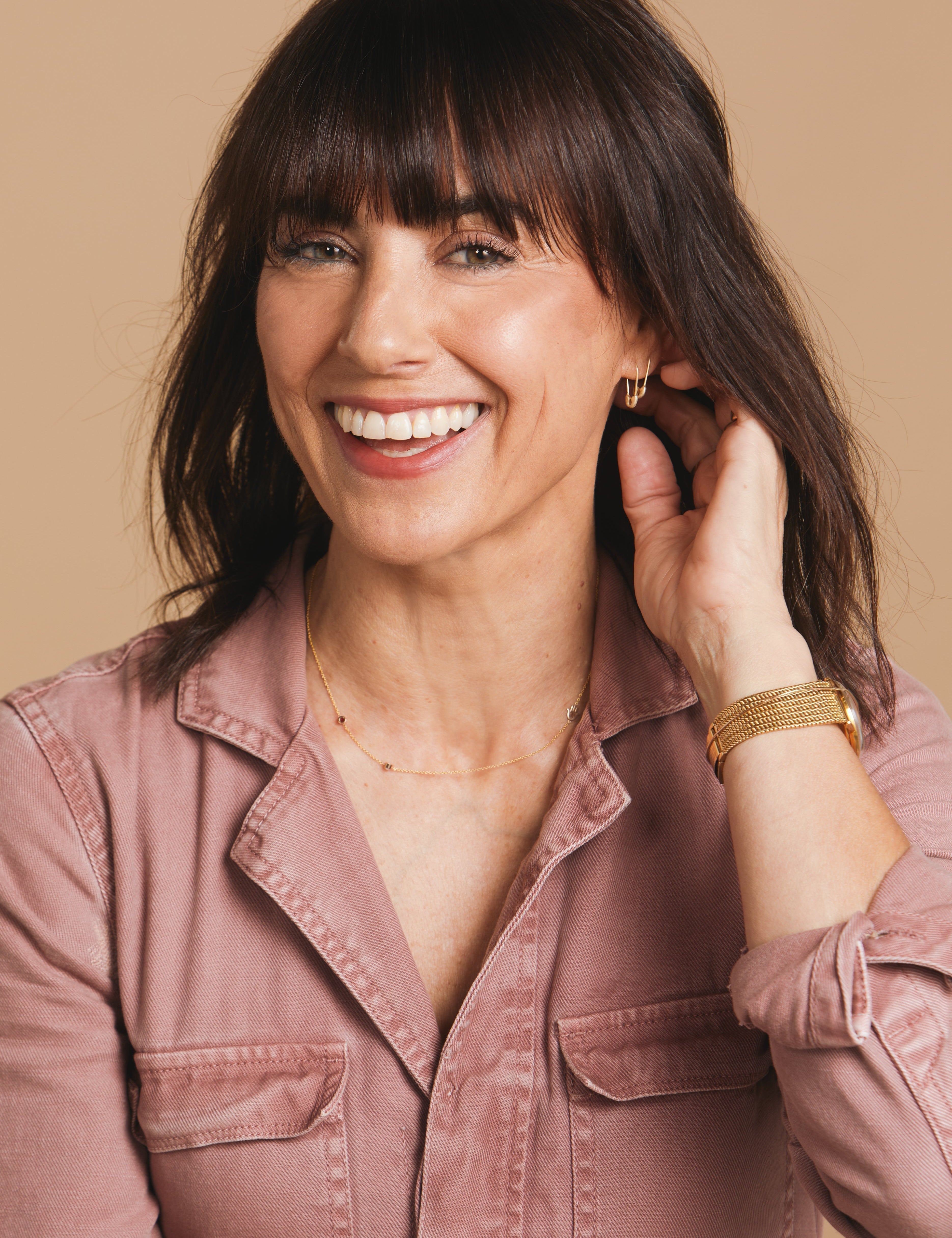 Constance Zimmer - Custom Gold Necklace - 3 Letter and Safety Pin Earrings