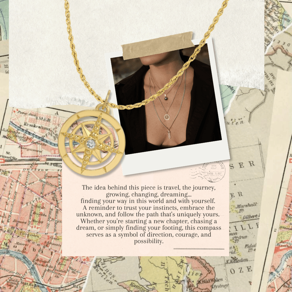 Gold necklace with a compass pendant on a map background
