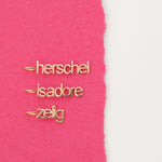 Three yellow gold Petite Nameplate Pendants with 'herschel', 'isadore', and 'zelig' on a pink and white background. 