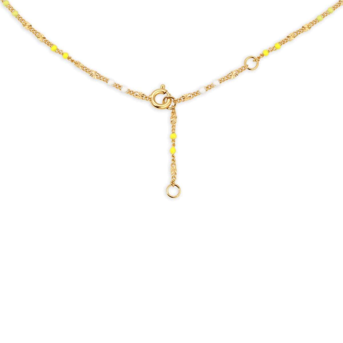 The back of a Confetti Necklace - Yellow on a white background. 