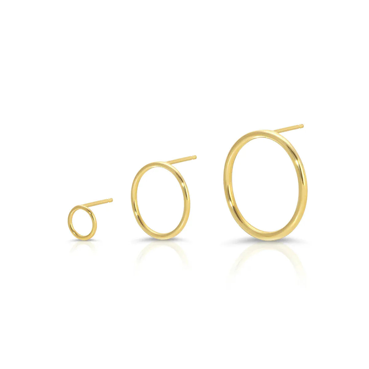 Yellow gold Open Eclipse Earrings in mini, small and large on a white background. 