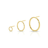 Yellow gold Open Eclipse Earrings in mini, small and large on a white background. 