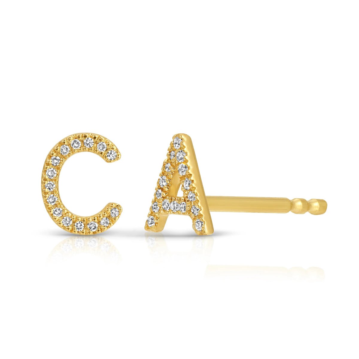 Gold pave earrings with C and A letters on a white background. 