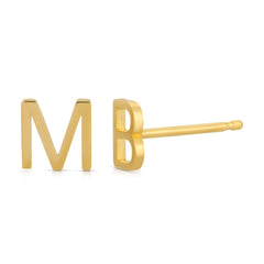 Two gold letter stud earrings, one engraved with the letter 'M' and the other with the letter 'B'.