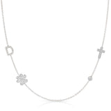 white gold Necklace with various pendants including a clover, cross, and diamond on a white background