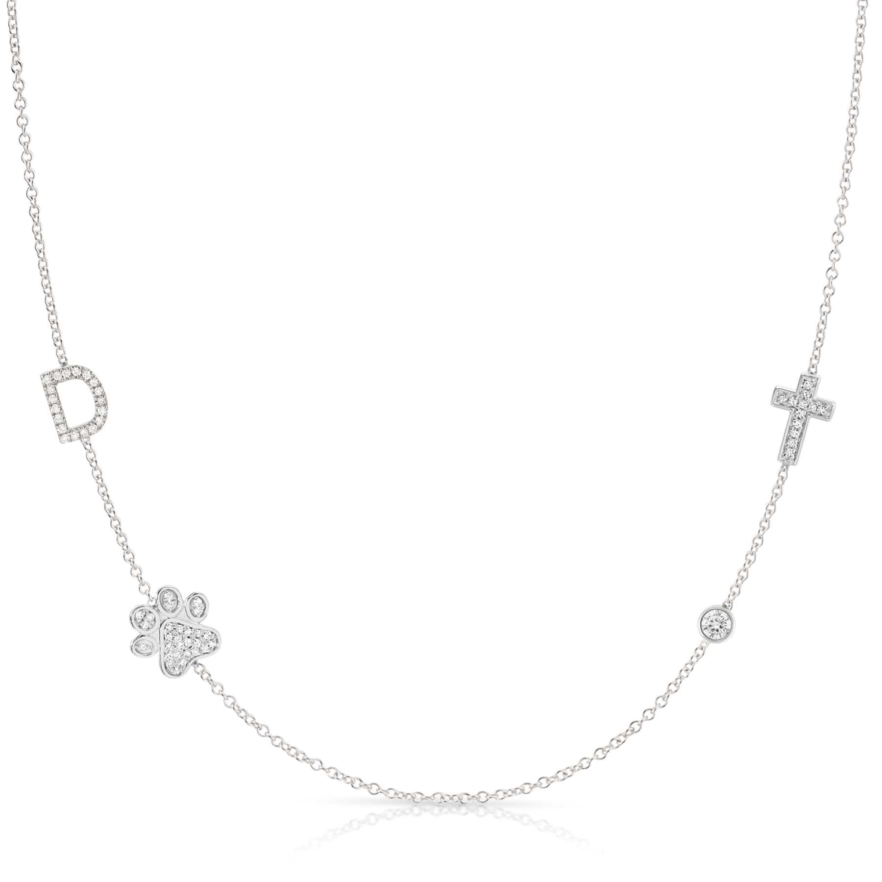 white gold Necklace with various pendants including a clover, cross, and diamond on a white background