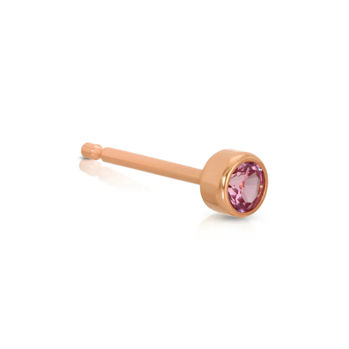 A Birthstone Stud - Pink Tourmaline (October) in rose gold on a white background.