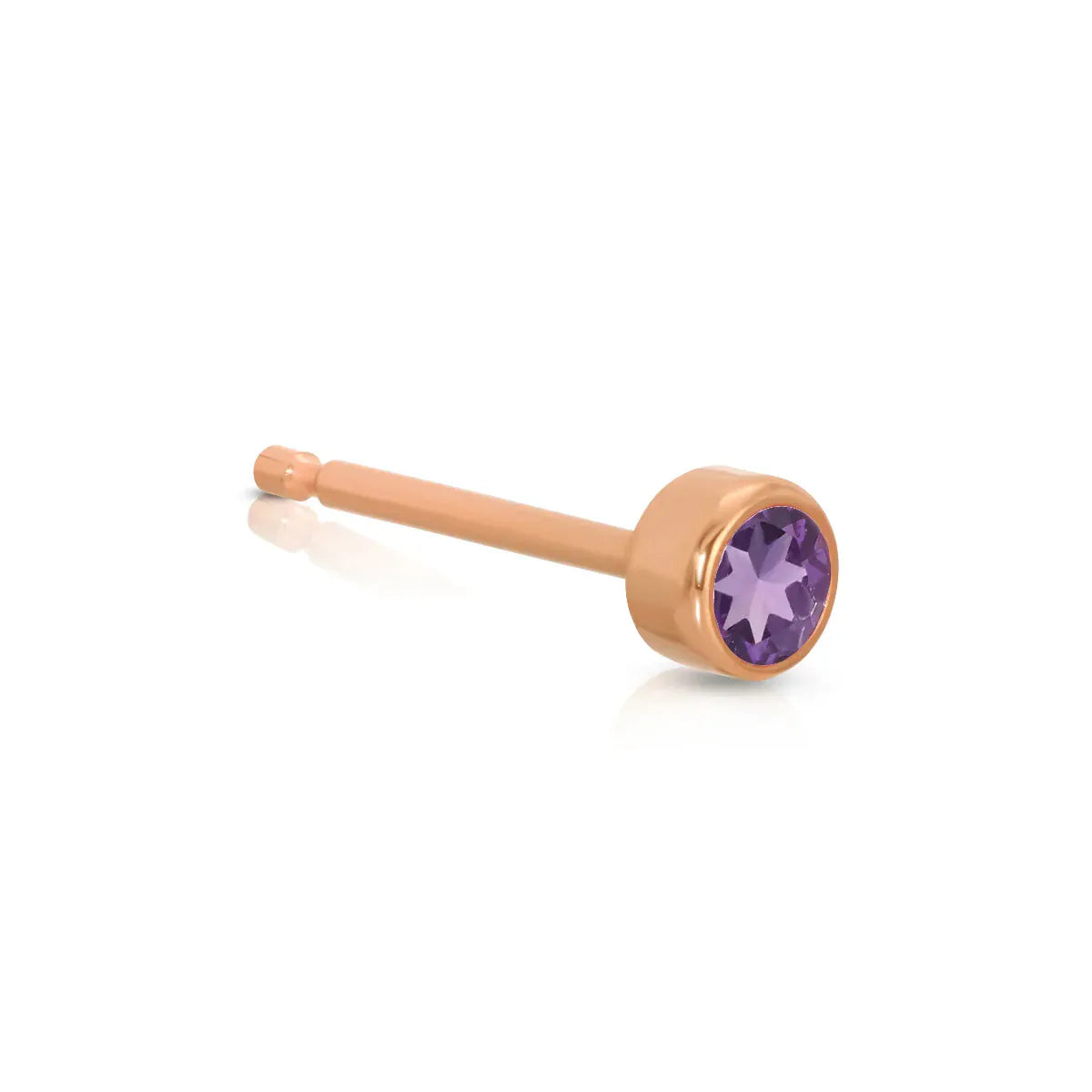 A Birthstone Stud - Amethyst (February) in rose gold on a white background.