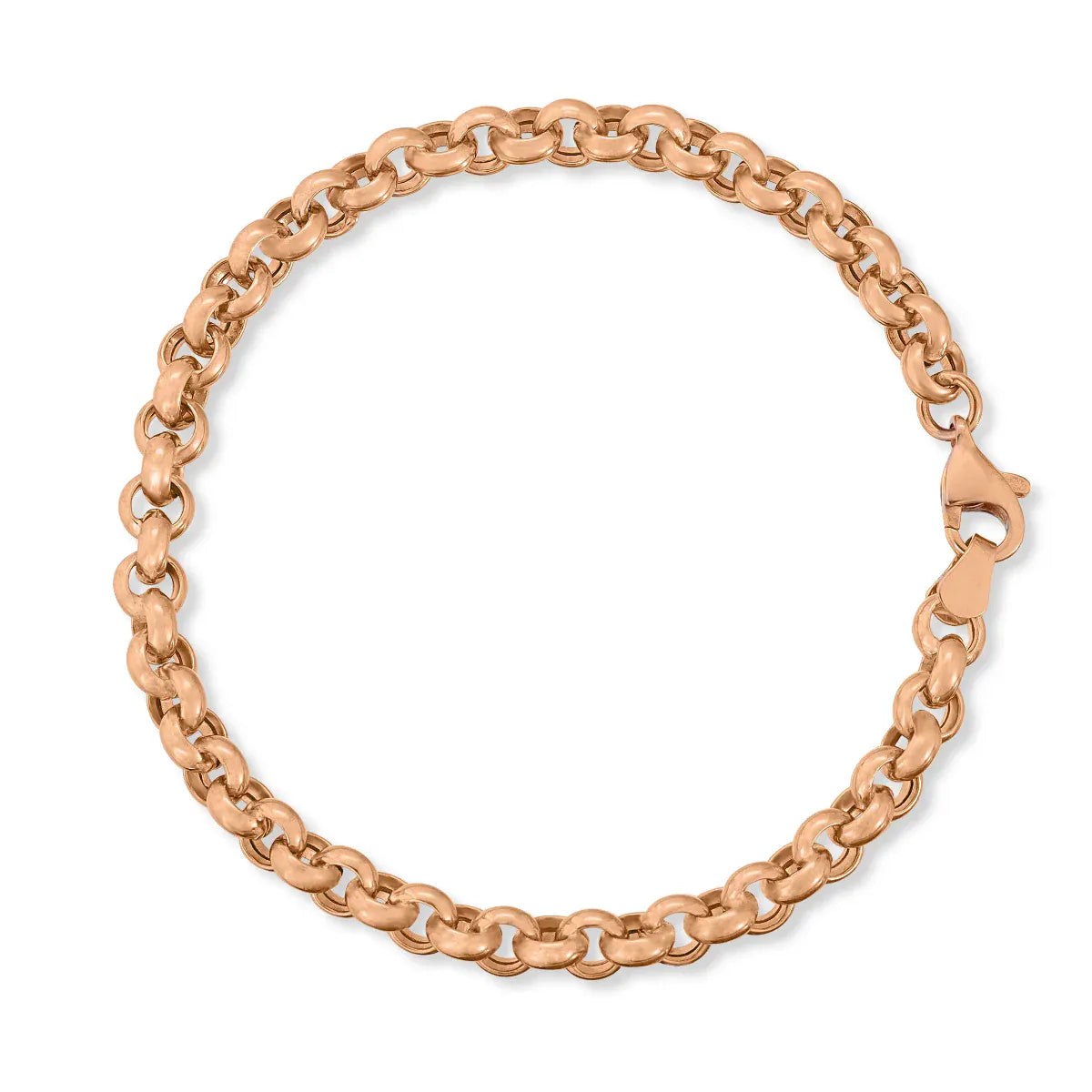 A Rolo Bracelet in rose gold on a white background. 
