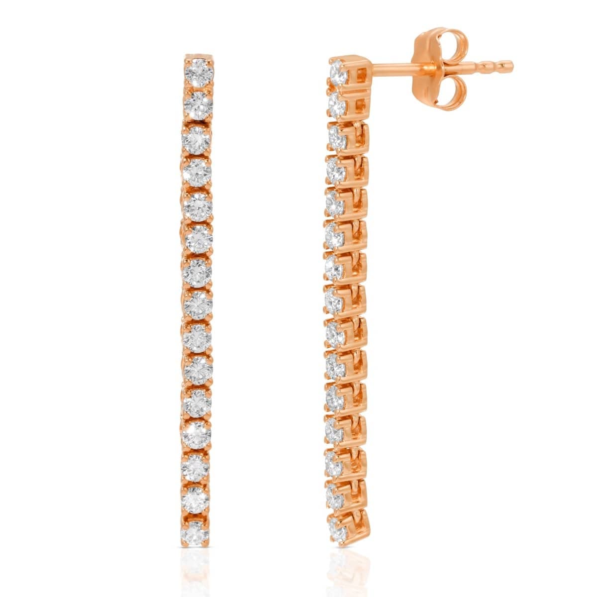 A pair of Down the Line Earrings in rose gold on a white background. 