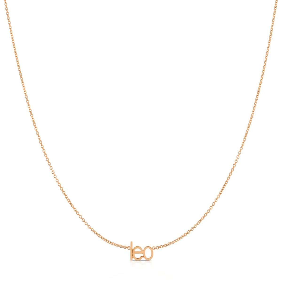 Petite Zodiac Necklace ‘leo’ in rose gold on a white background.