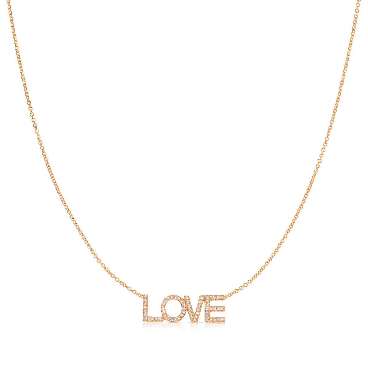 A Pavé LOVE Necklace in rose gold on a cable chain on a white background. 