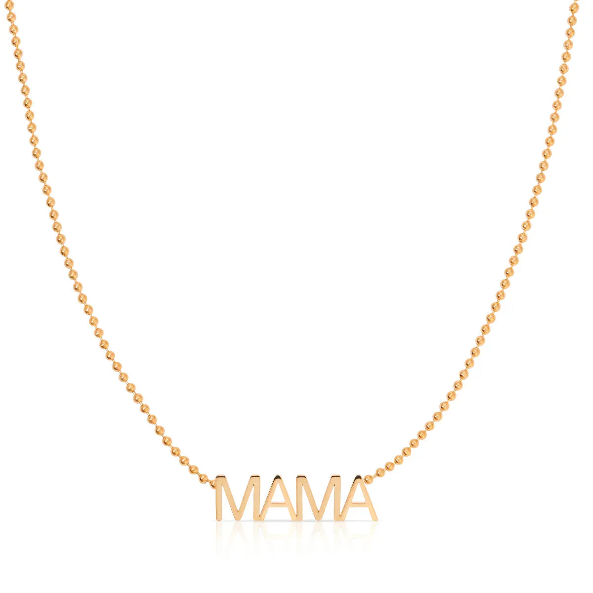 A MAMA Necklace in rose gold with a bead chain on a white background. 