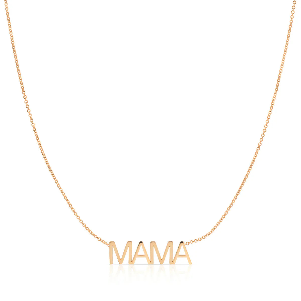 A MAMA Necklace in rose gold with a cable chain on a white background. 