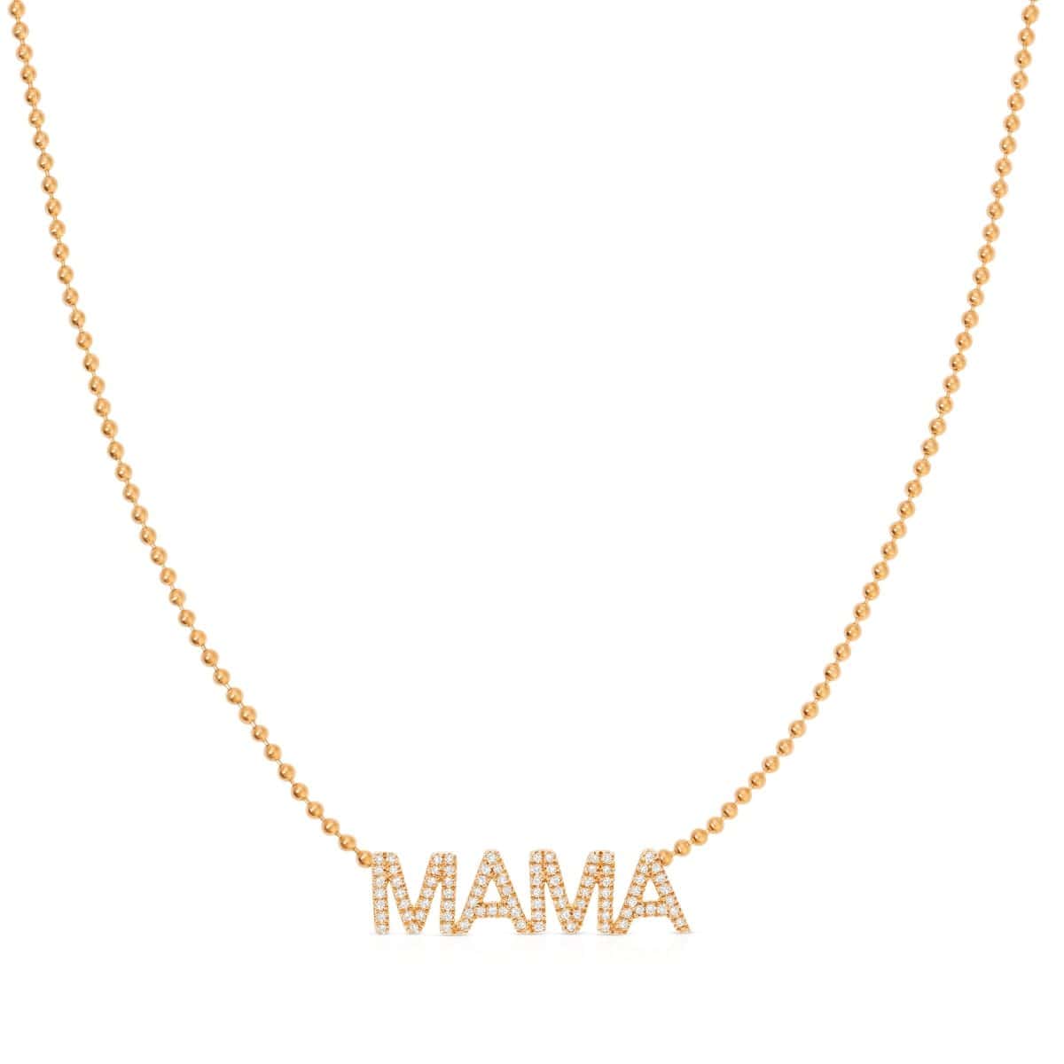 A Pavé MAMA Necklace in rose gold on a bead chain on a white background. 