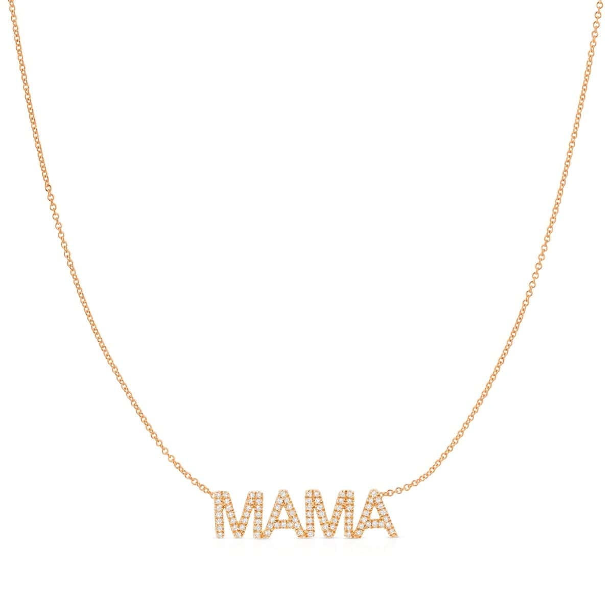 A Pavé MAMA Necklace in rose gold on a cable chain on a white background. 