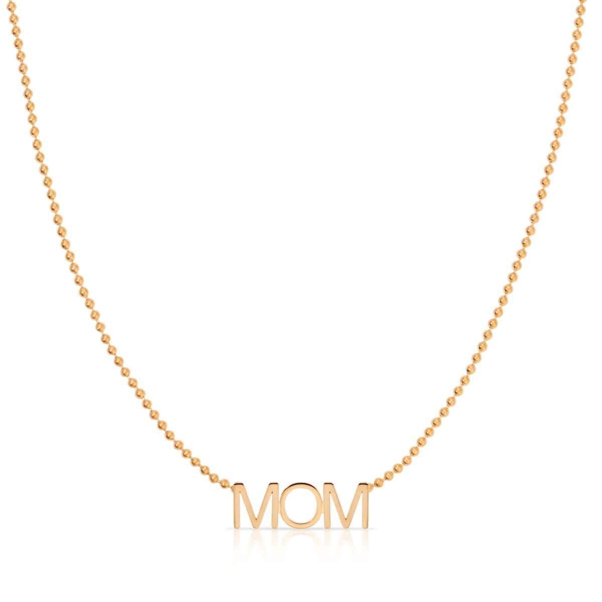 A MOM Necklace in rose gold on a bead chain on a white background. 