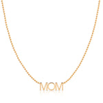 A MOM Necklace in rose gold on a bead chain on a white background. 