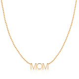 A MOM Necklace in rose gold on a bead chain on a white background. 