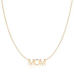 A MOM Necklace in rose gold with a cable chain on a white background. 