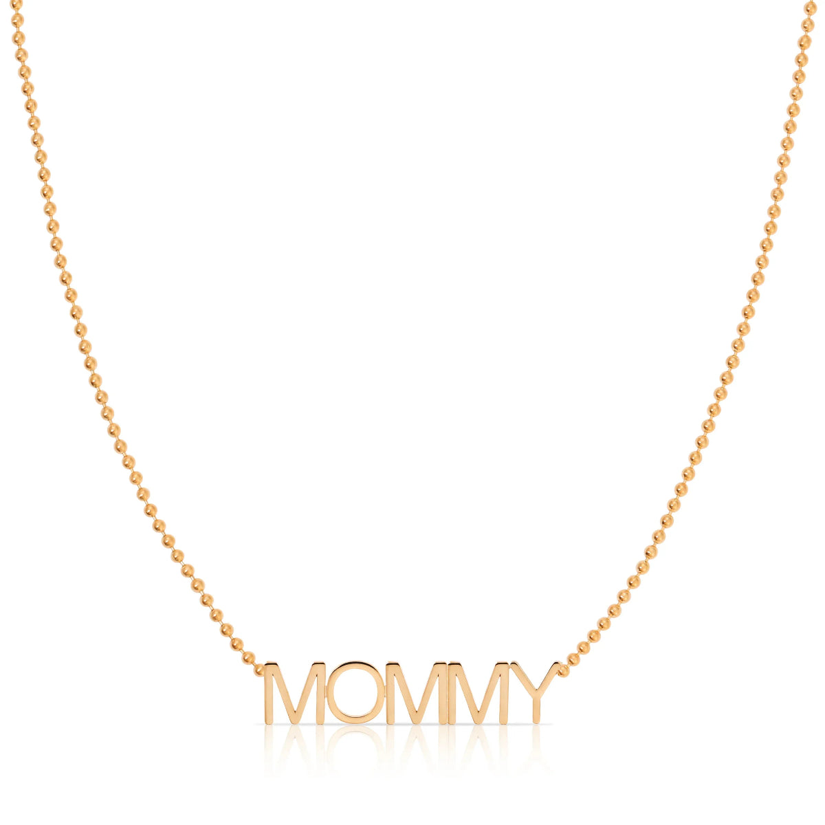 A MOMMY Necklace in rose gold on a bead chain on a white background. 