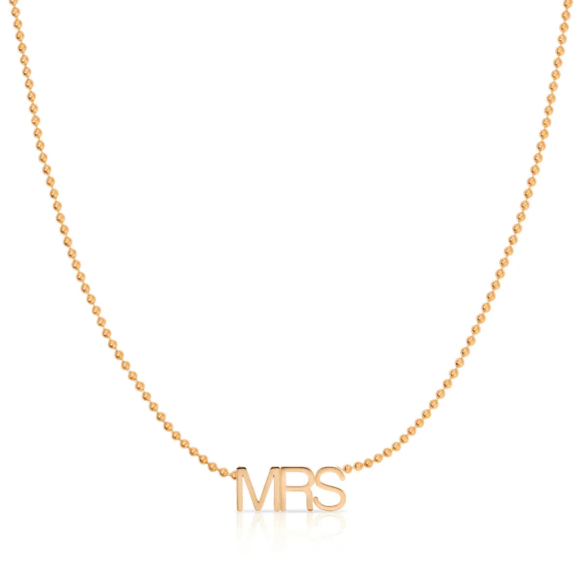 A MRS Necklace in rose gold on a bead chain on a white background. 