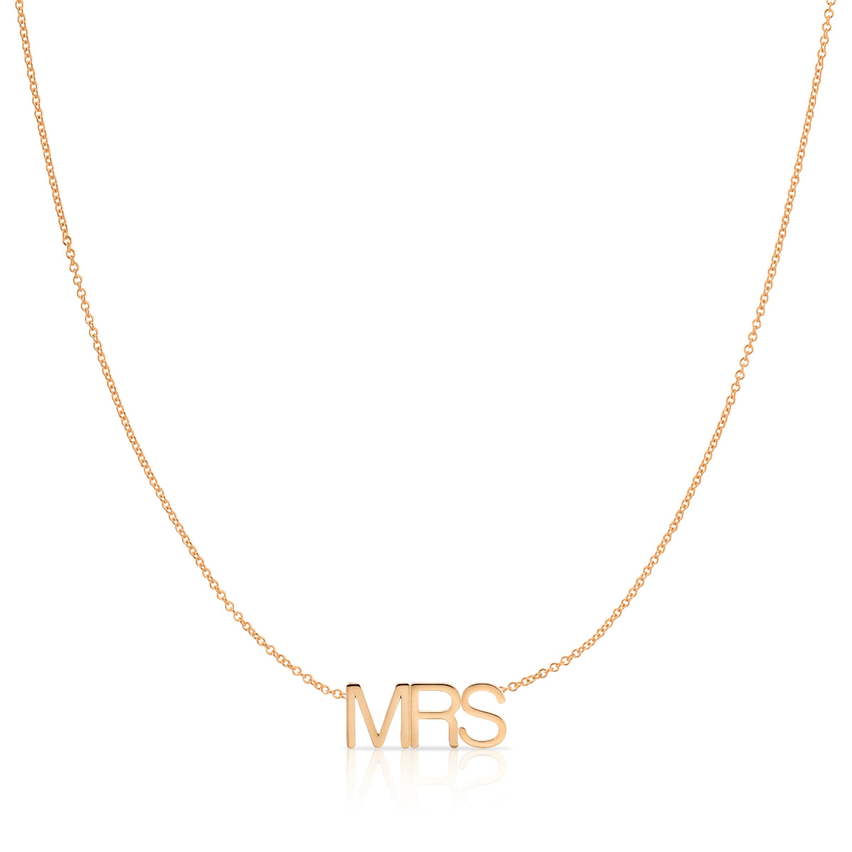 A MRS Necklace in rose gold on a cable chain on a white background. 