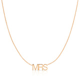 A MRS Necklace in rose gold on a cable chain on a white background. 