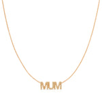 A Pavé MUM Necklace in rose gold on a cable chain on a white background. 