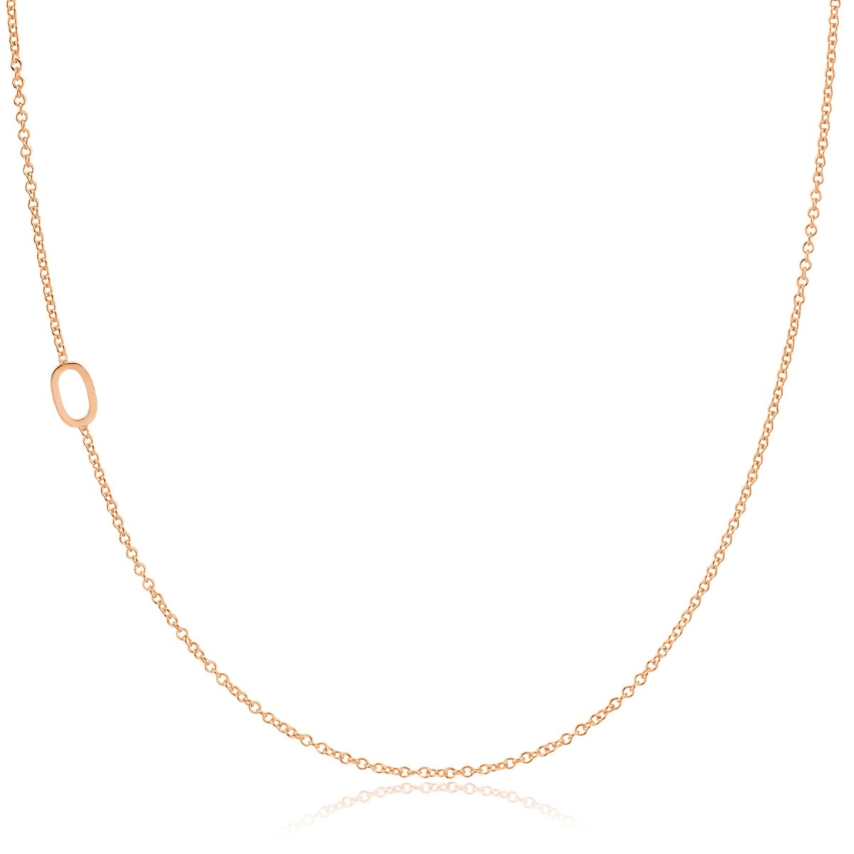 A 14k Gold Asymmetrical Number Necklace - 0 in rose gold on a white background. 