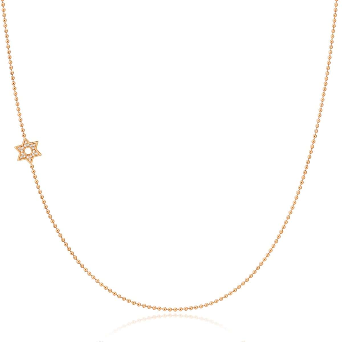 A rose gold 14k Gold Asymmetrical Charm Necklace - Pavé Star of David with a bead chain on a white background. 