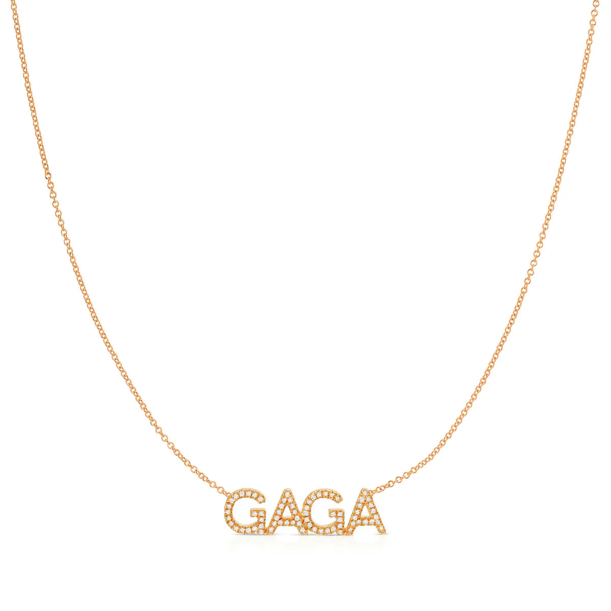 A Pavé 'GAGA' Necklace in rose gold on a cable chain on a white background.