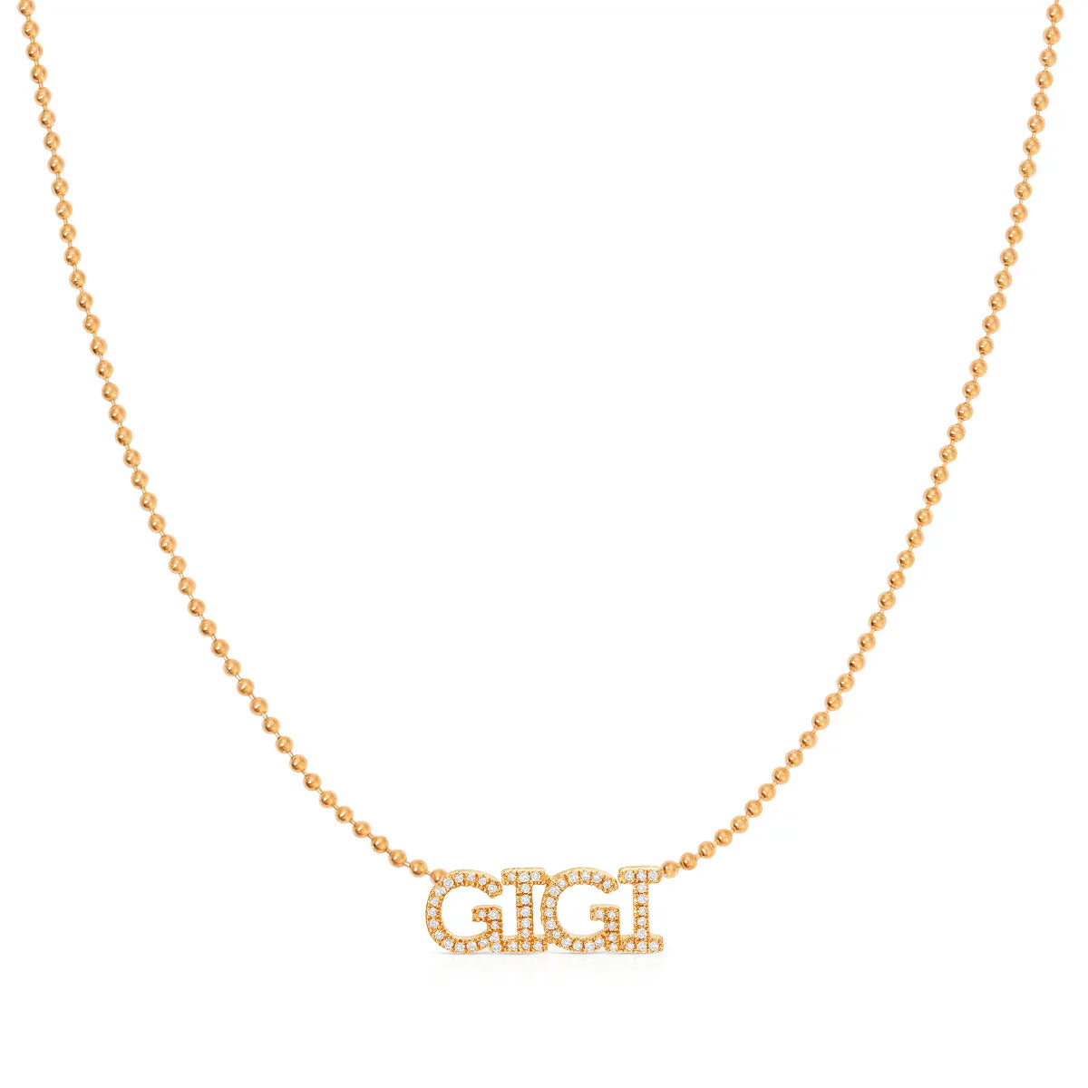 A Pavé 'GIGI' Necklace in rose gold on a bead chain on a white background.