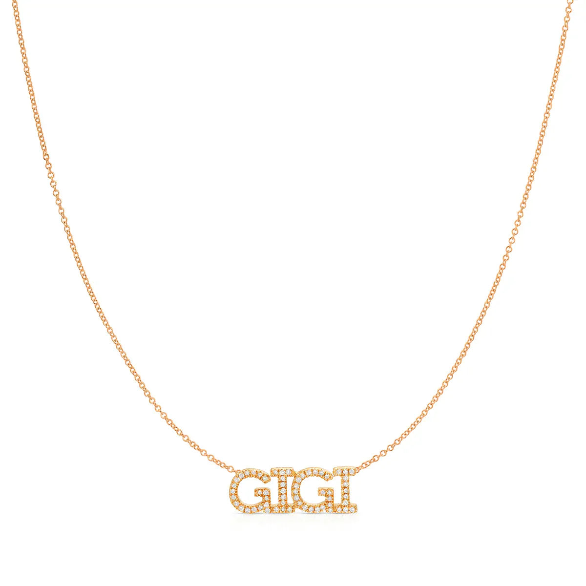A Pavé 'GIGI' Necklace in rose gold on a cable chain on a white background.