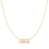 A Pavé 'GIGI' Necklace in rose gold on a cable chain on a white background.