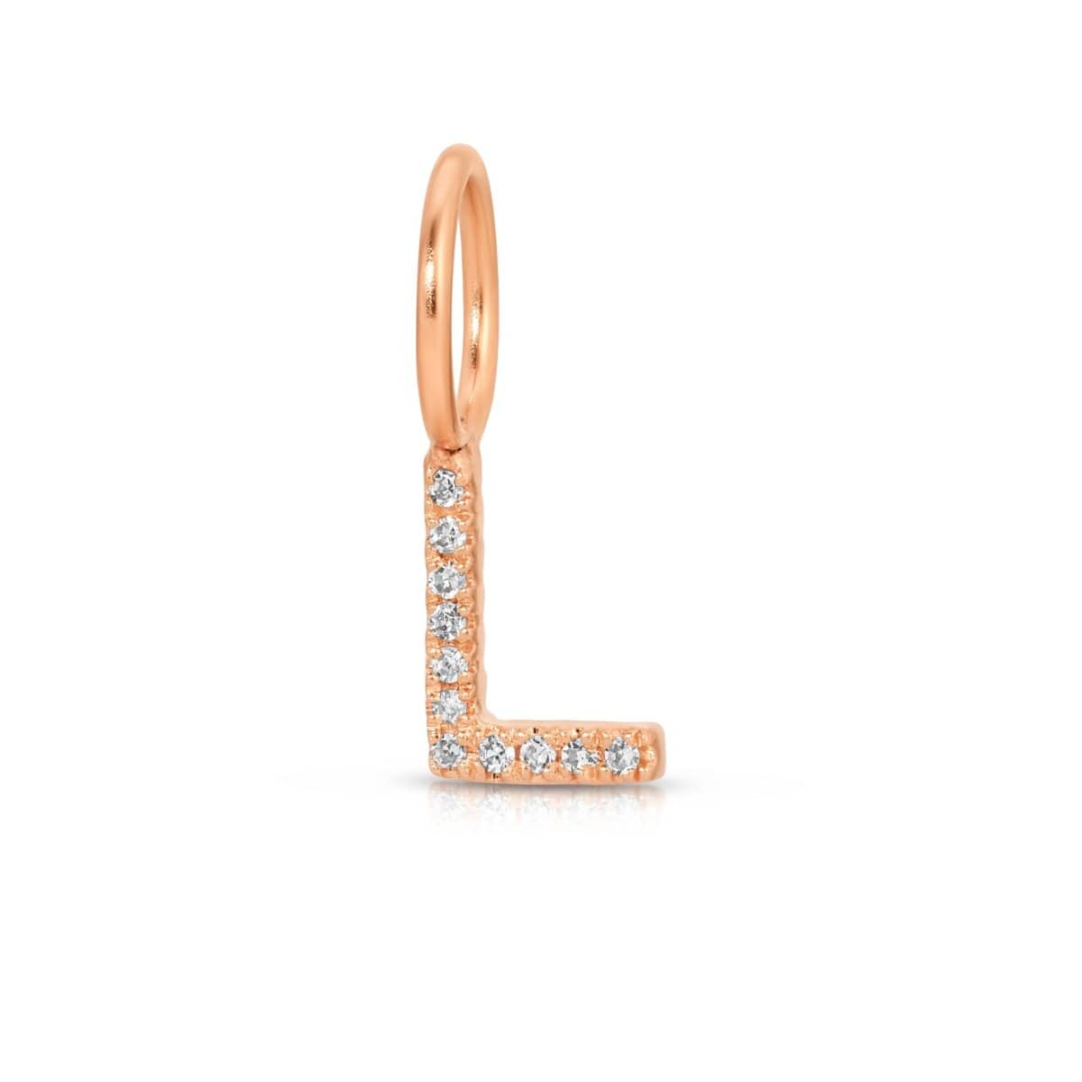 A rose gold Pavé Letter Charm in L on a white background.