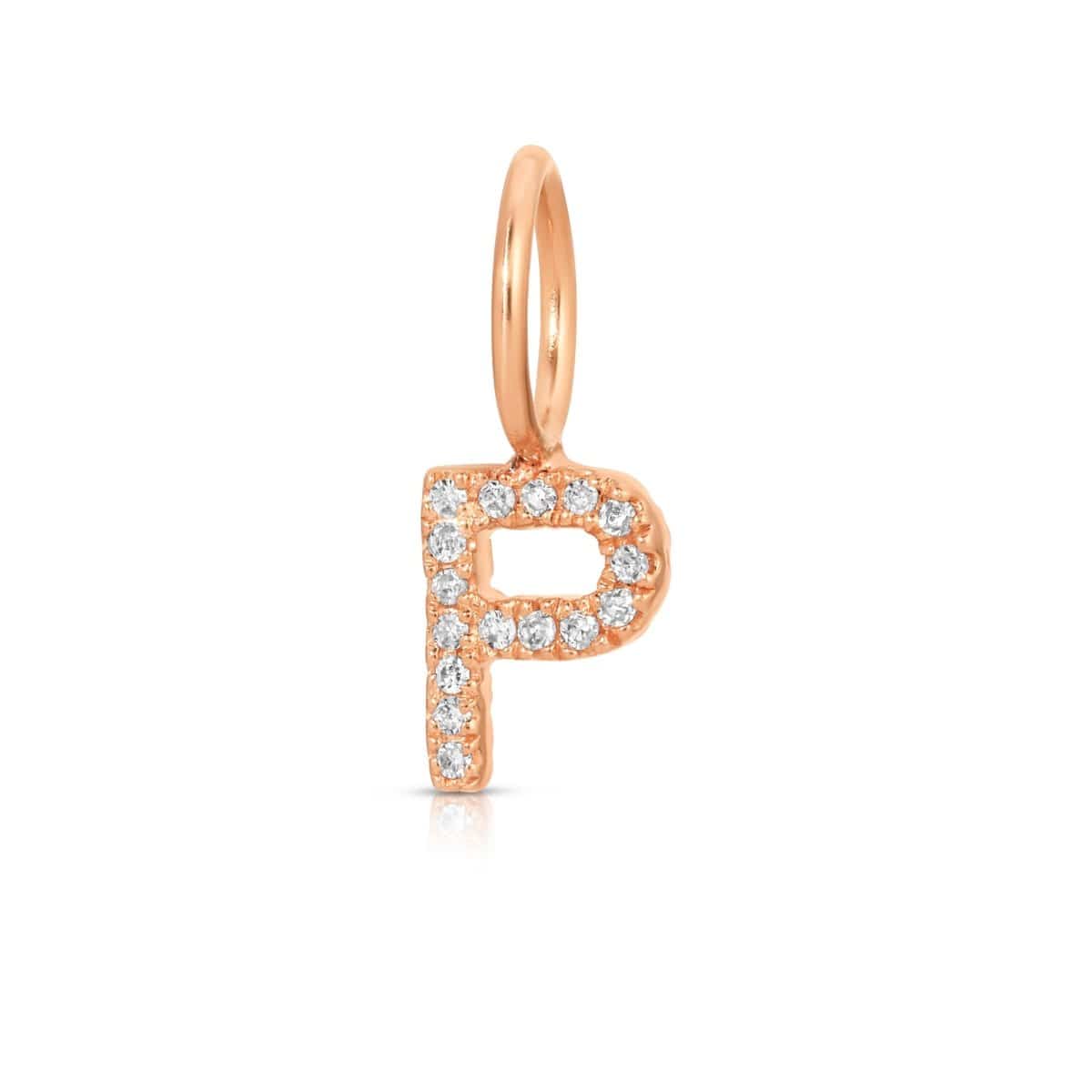 A rose gold Pavé Letter Charm in P on a white background.