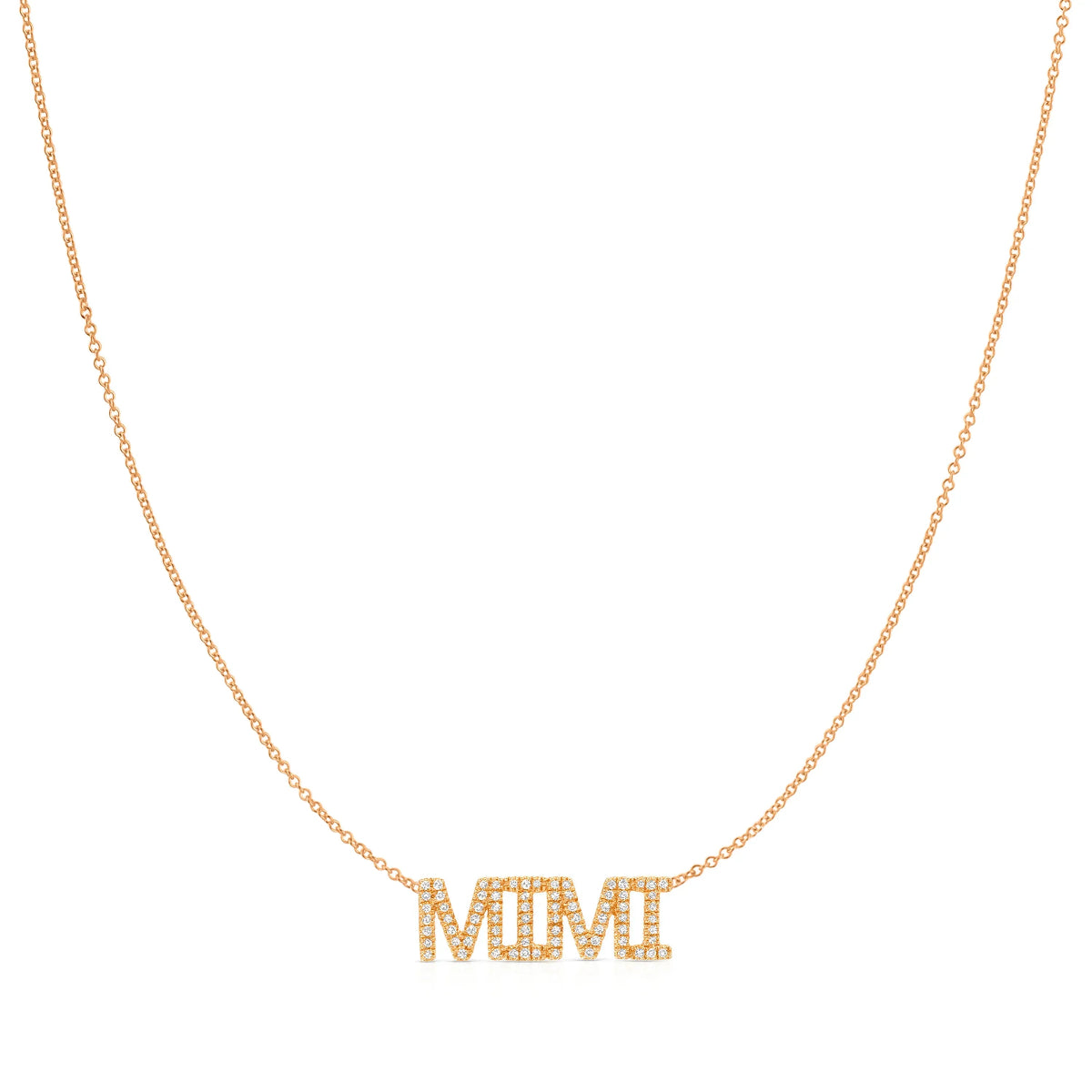 A Pavé MIMI Necklace in rose gold on a cable chain on a white background. 