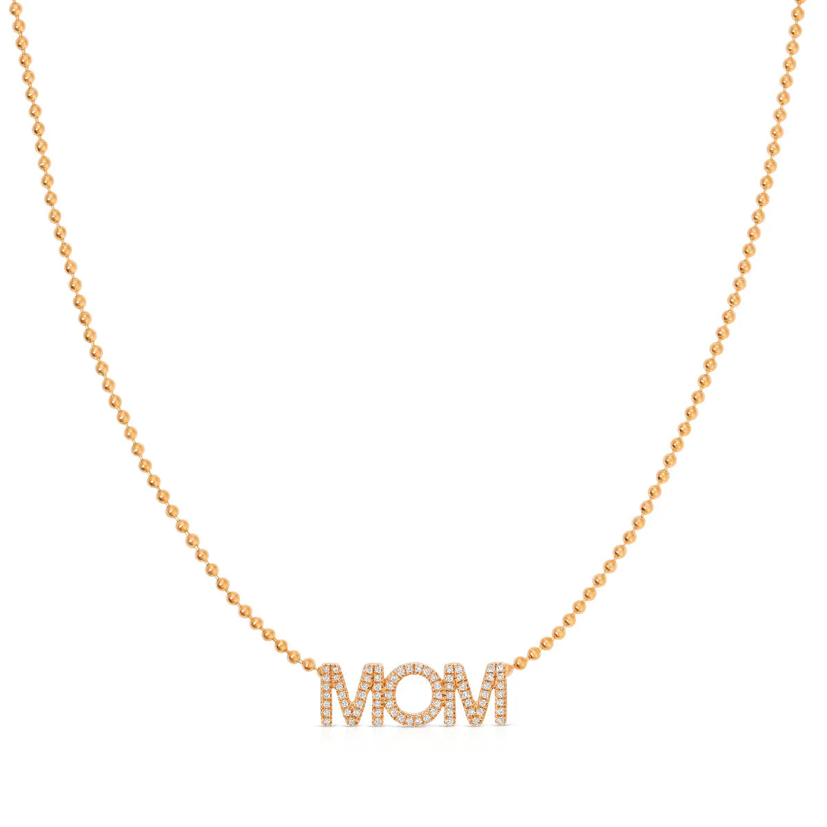 A Pavé MOM Necklace in rose gold on a bead chain on a white background. 
