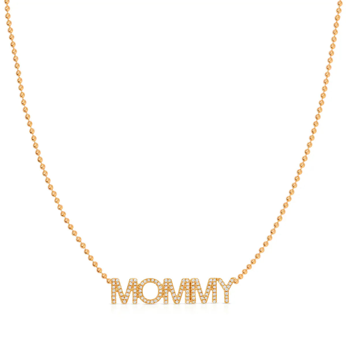 A Pavé MOMMY Necklace in rose gold on a bead chain on a white background. 