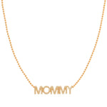 A Pavé MOMMY Necklace in rose gold on a bead chain on a white background. 