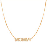 A Pavé MOMMY Necklace in rose gold on a bead chain on a white background. 