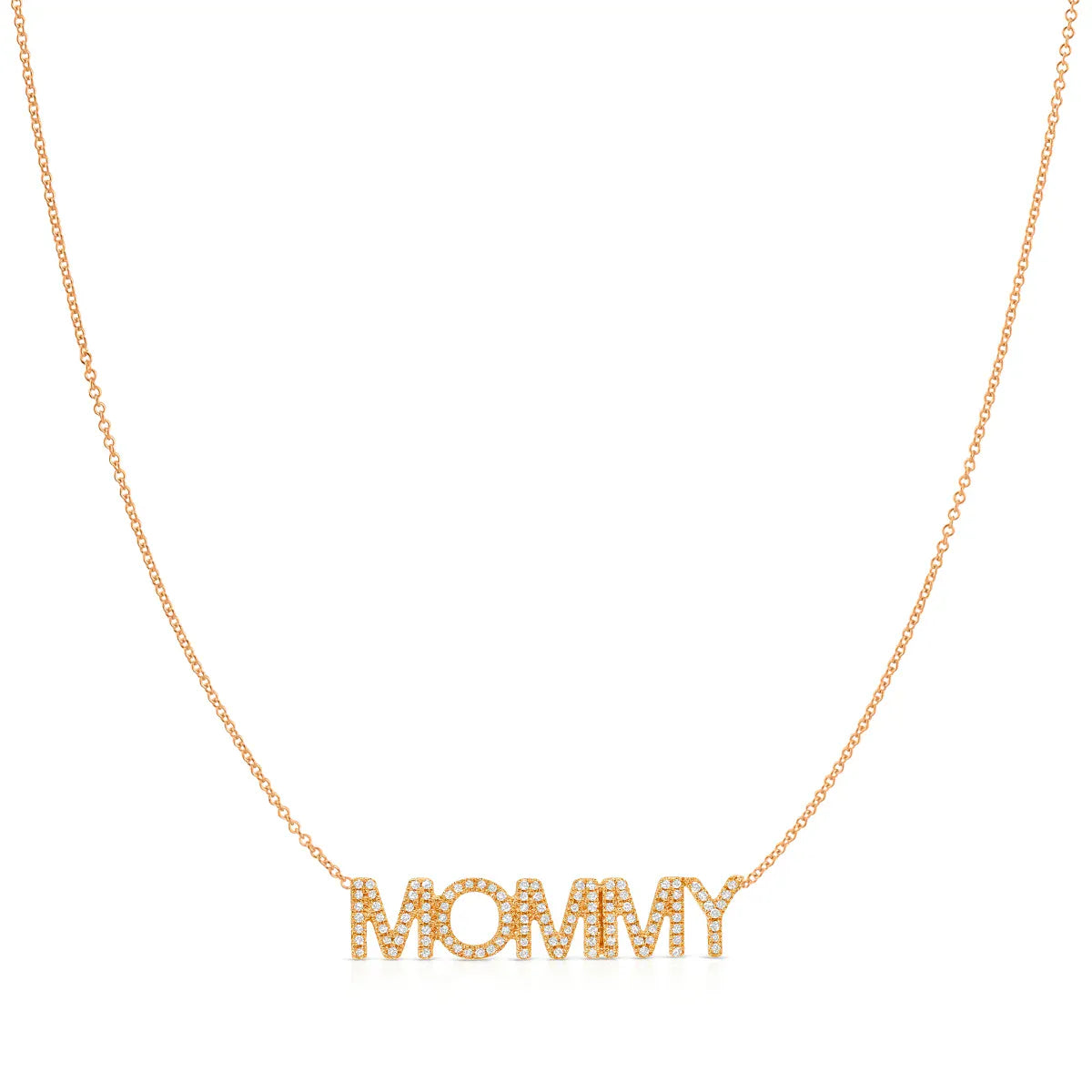 A Pavé MOMMY Necklace in rose gold on a cable chain on a white background. 