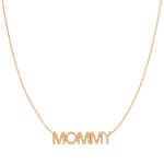 A Pavé MOMMY Necklace in rose gold on a cable chain on a white background. 