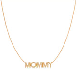 A Pavé MOMMY Necklace in rose gold on a cable chain on a white background. 