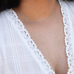 A close-up of a woman's neck wearing a white gold necklace with a letter L charm.