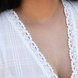 A close-up of a woman's neck wearing a white gold necklace with a letter L charm.