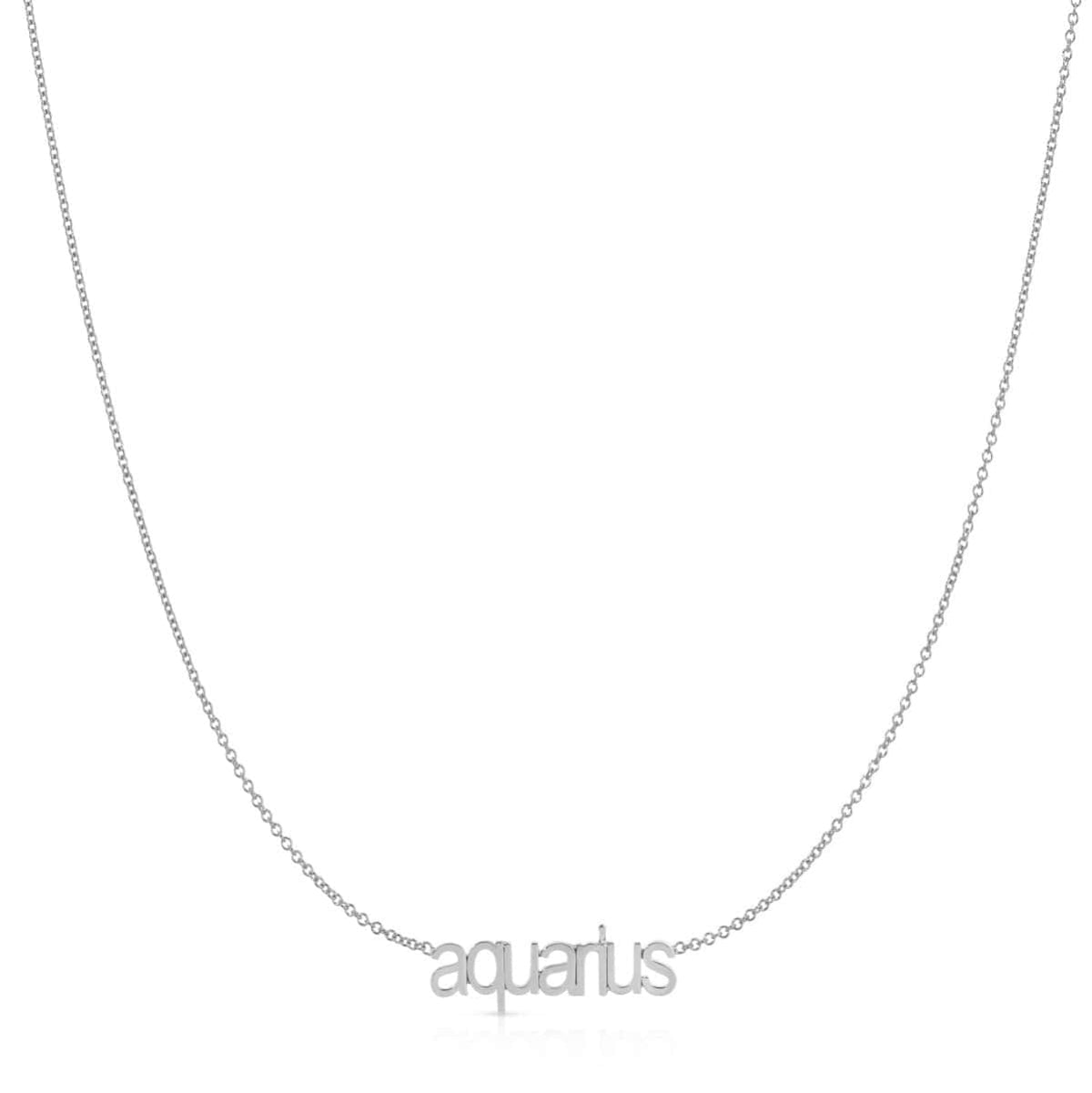 Petite Zodiac Necklace ‘aquarius’ in white gold on a white background.