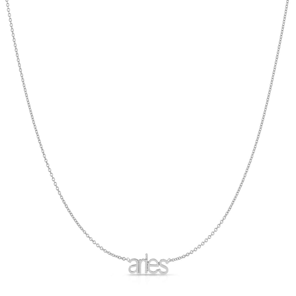 Petite Zodiac Necklace ‘aries’ in white gold on a white background.