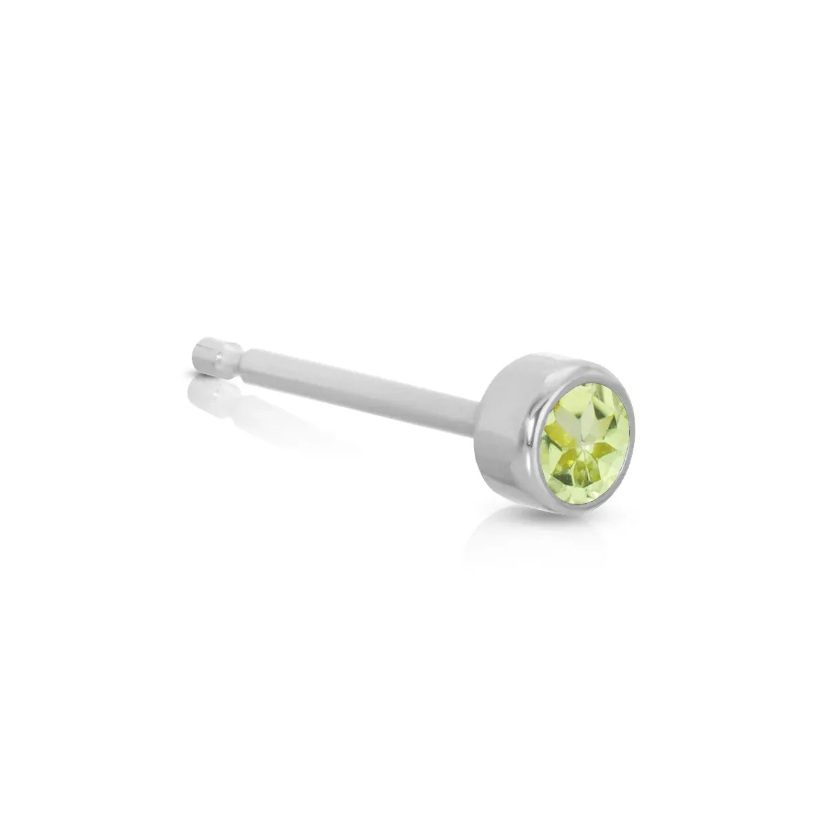 A Birthstone Stud - Peridot (August) in white gold on a white background.